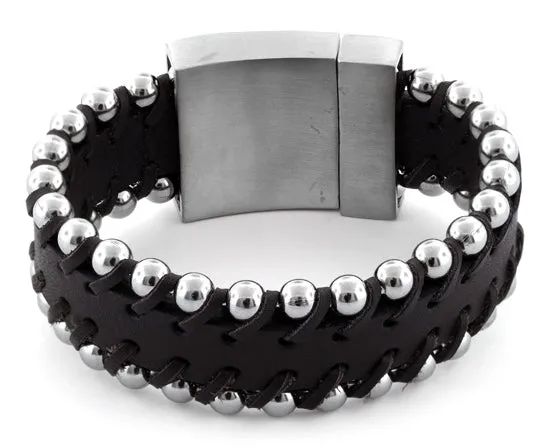 Stainless Steel Brown Beaded Leather Bracelet