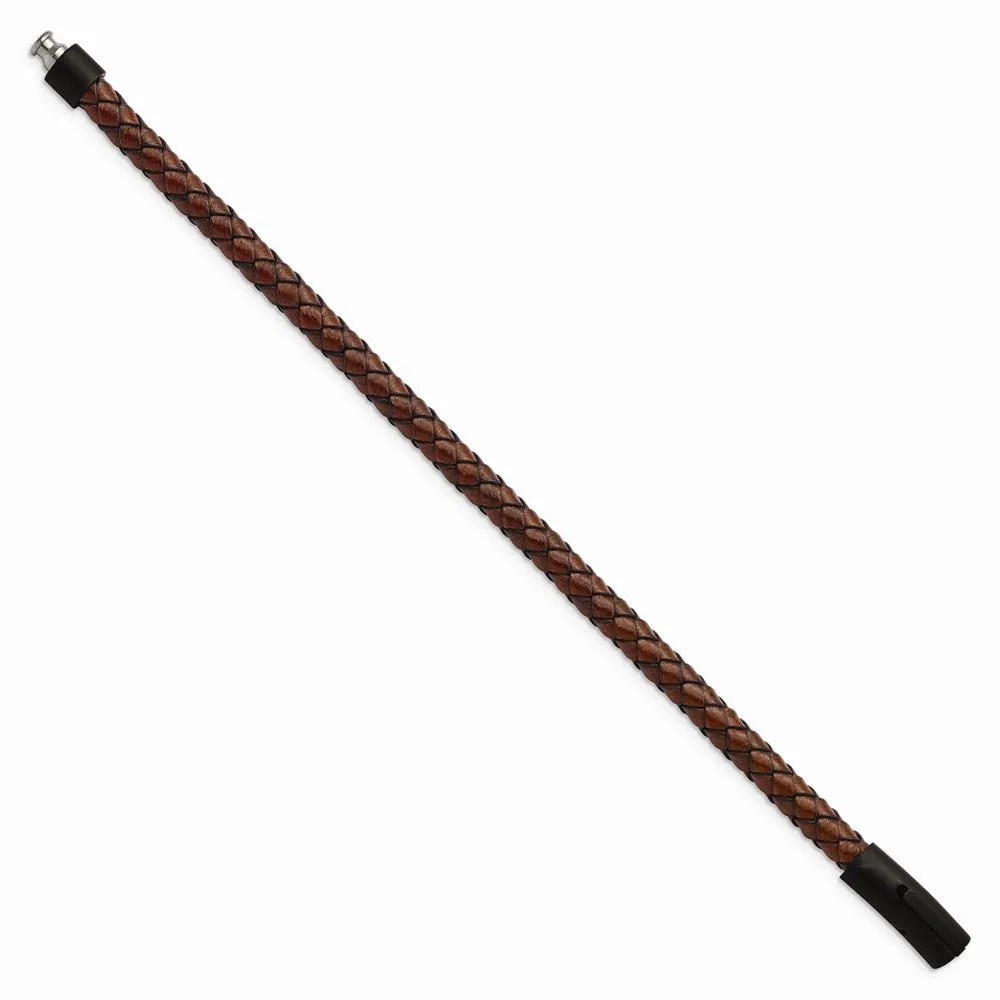 Stainless Steel Brushed Black IP-plated Brown Leather 8.25in Bracelet