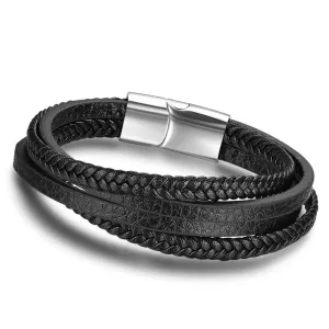 Stainless Steel Genuine Leather Bracelets for Men, Weave Pattern Wrap Wristbands, Gift for Your Man