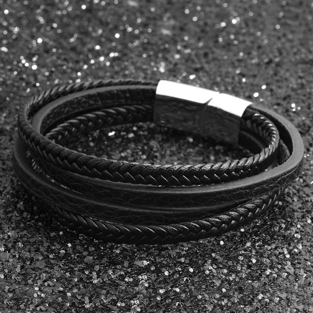 Stainless Steel Genuine Leather Bracelets for Men, Weave Pattern Wrap Wristbands, Gift for Your Man