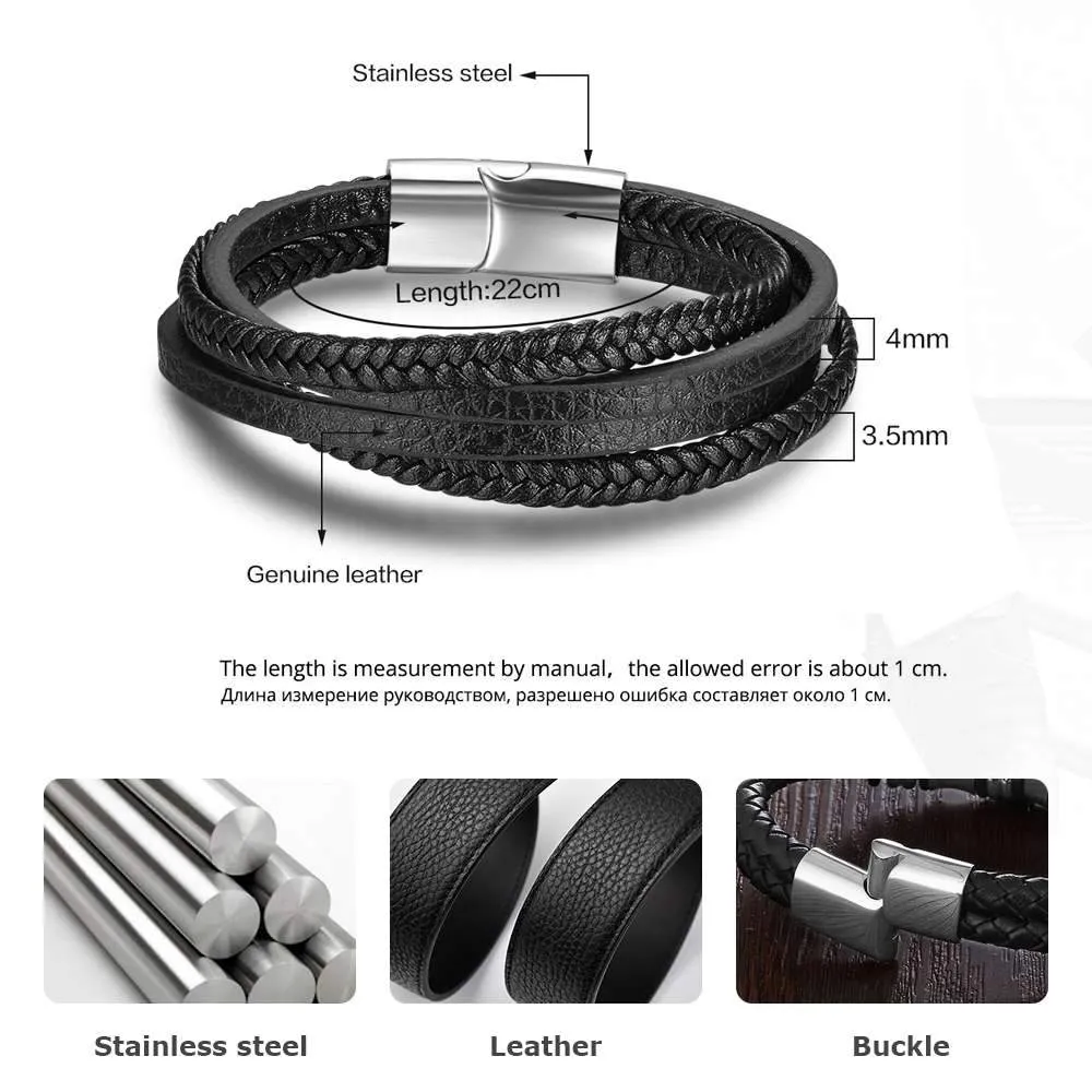 Stainless Steel Genuine Leather Bracelets for Men, Weave Pattern Wrap Wristbands, Gift for Your Man