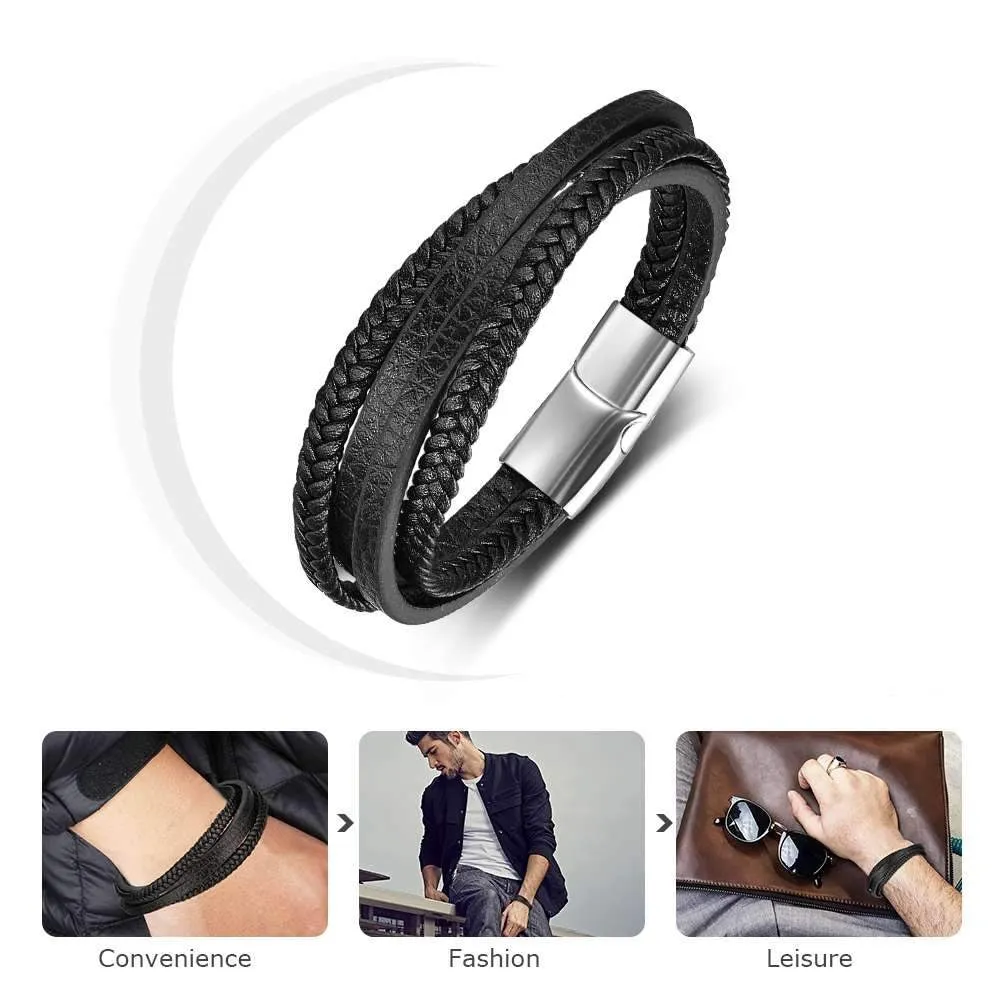 Stainless Steel Genuine Leather Bracelets for Men, Weave Pattern Wrap Wristbands, Gift for Your Man