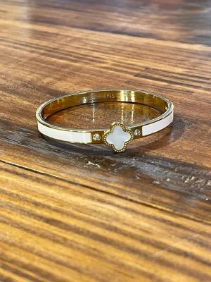Stainless Steel Gold Hinged Bangle White Clover