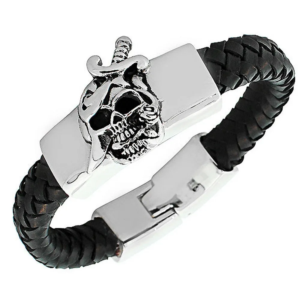 Stainless Steel Leather Skull Knife Rose Men's Bracelet