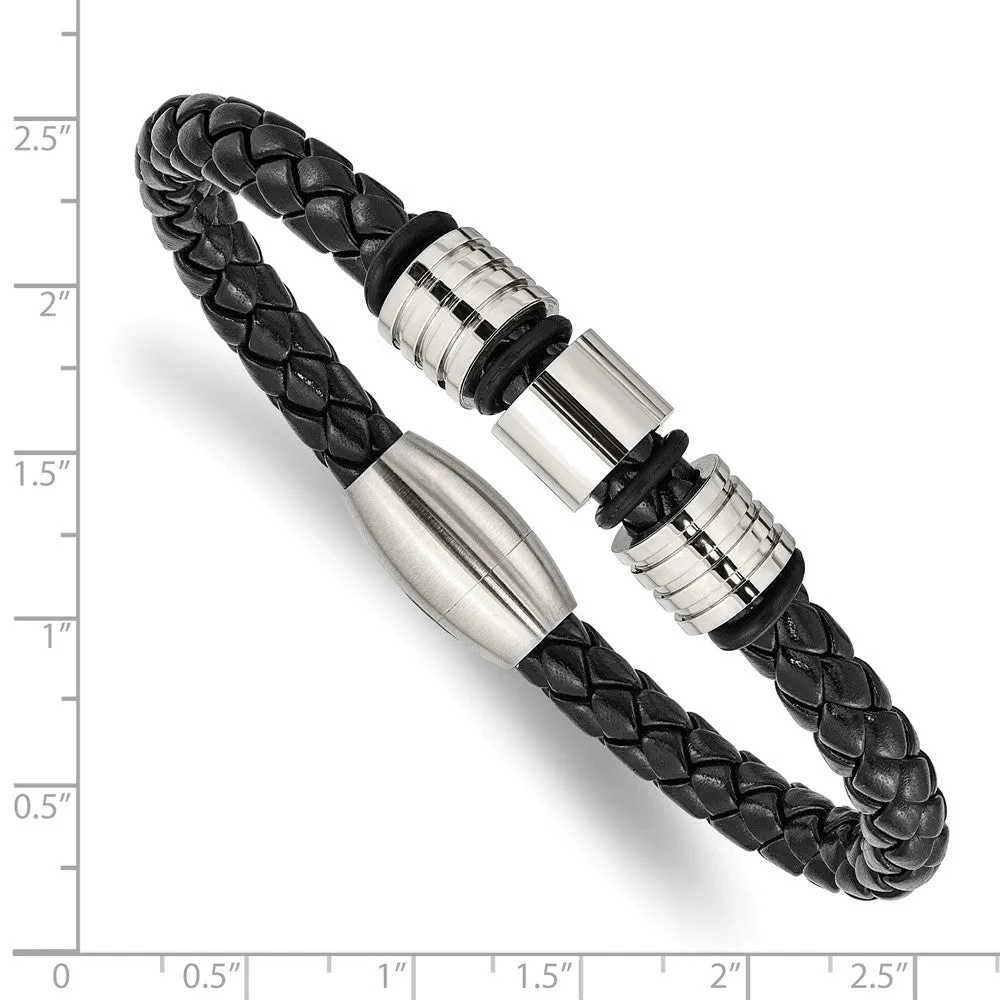 Stainless Steel Polished and Brushed Leather Bracelet