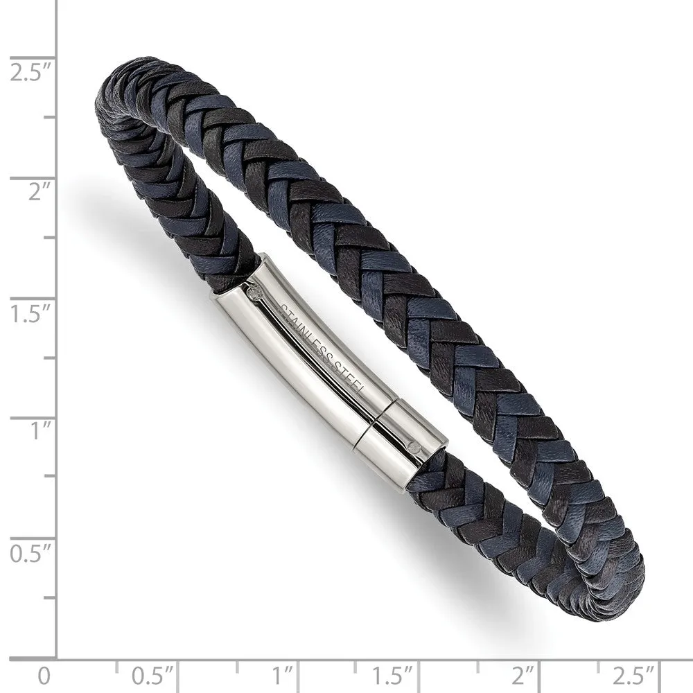 Stainless Steel Polished Black and Blue Braided Leather 8.25in Bracelet