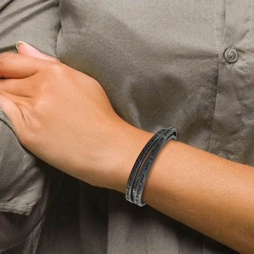 Stainless Steel Serenity Prayer Black Leather Wrap 23.5 Inch Bracelet
