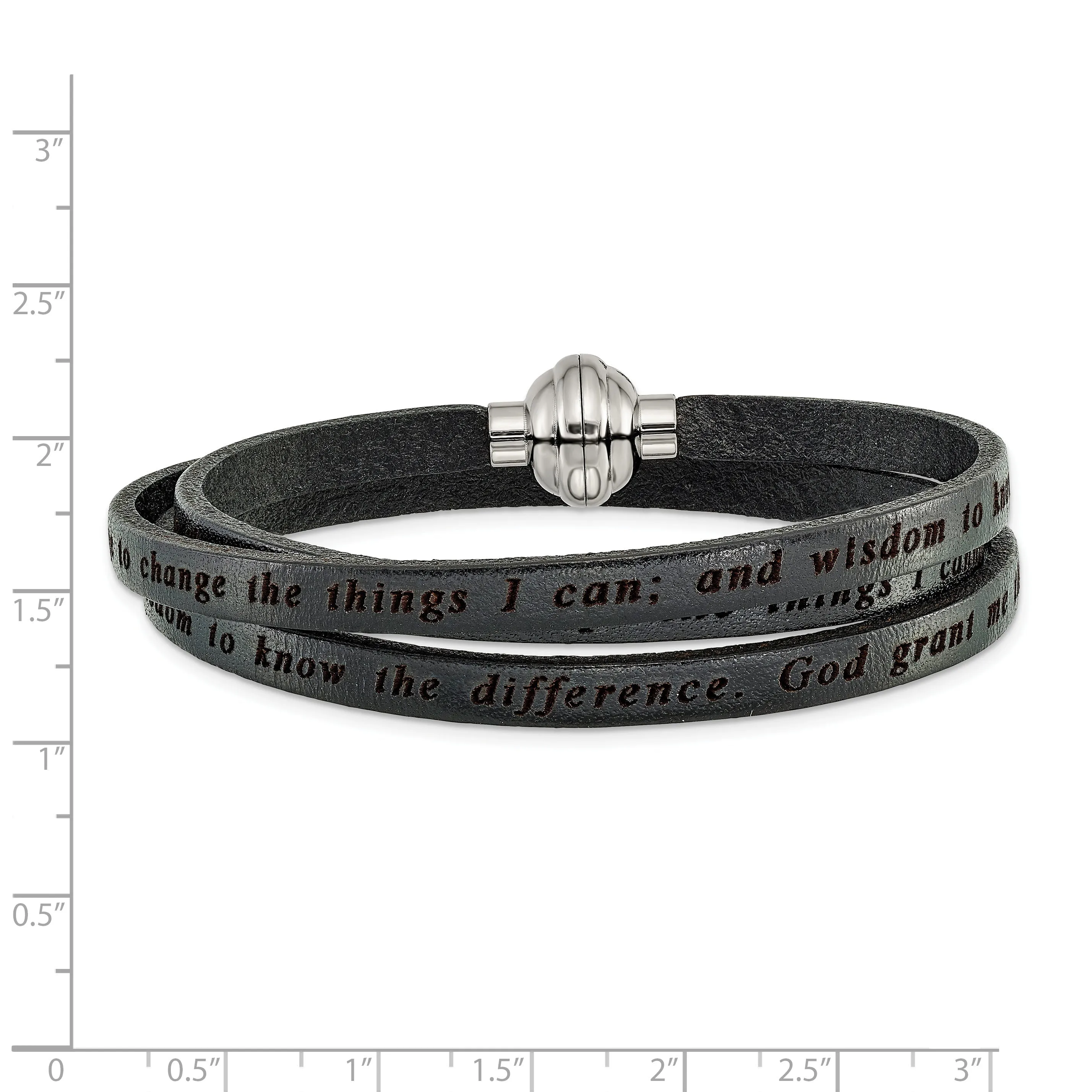 Stainless Steel Serenity Prayer Black Leather Wrap 23.5 Inch Bracelet