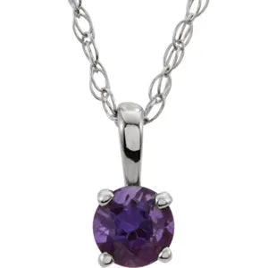 Sterling Silver 3 mm Round February Imitation Amethyst Youth Birthstone 14" Necklace