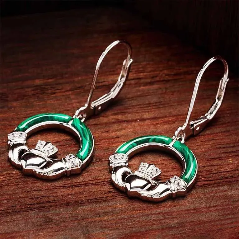Sterling Silver Claddagh Earrings with Malachite SE2330