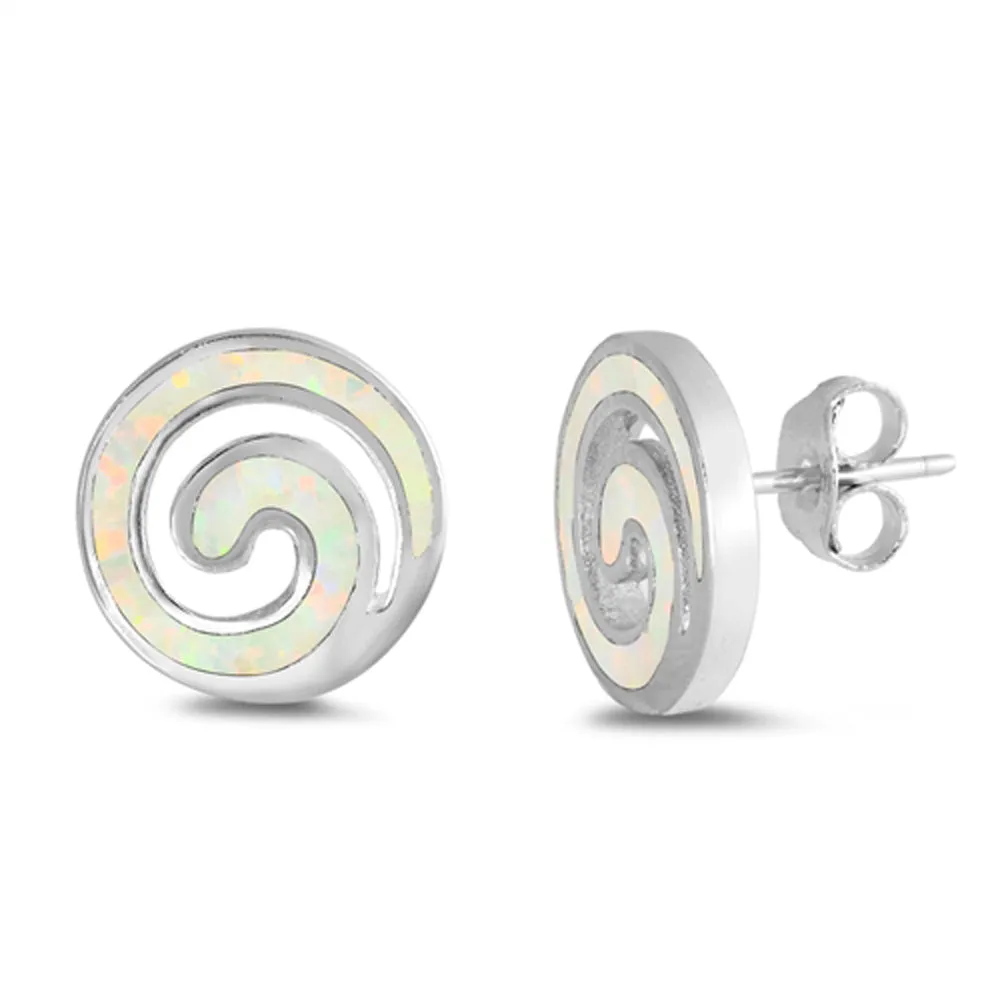 Sterling Silver Classic Spiral Swirl Circle Modern Earrings White Synthetic Opal