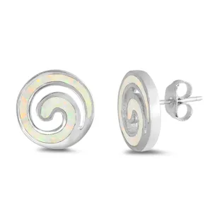 Sterling Silver Classic Spiral Swirl Circle Modern Earrings White Synthetic Opal