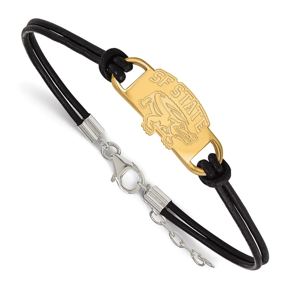 Sterling Silver Gold-plated San Francisco State University Black Leather 7 inch Bracelet with Extender