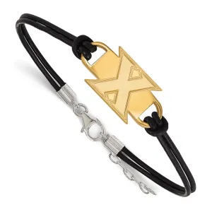 Sterling Silver Gold-plated Xavier University Letter X Black Leather 7 inch Bracelet with Extender