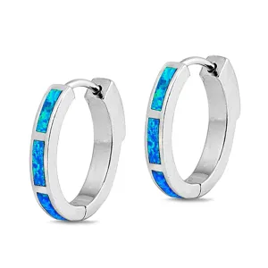 Sterling Silver Modern Mosaic Hoop Elegant Classic Earrings Blue Synthetic Opal