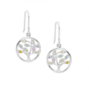 Sterling Silver Multi Colour Cubic Zirconia Tree of Life Earrings with a Shepherds Hook E400M