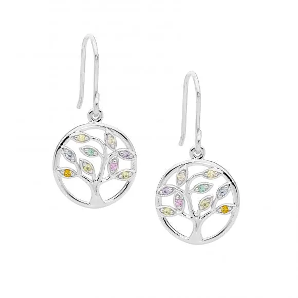 Sterling Silver Multi Colour Cubic Zirconia Tree of Life Earrings with a Shepherds Hook E400M