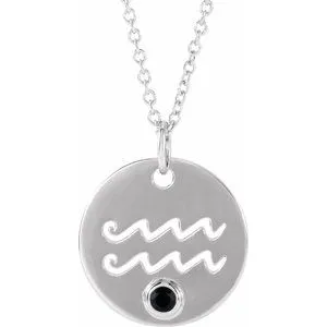 Sterling Silver Natural Black Spinel Aquarius Zodiac 16-18" Necklace