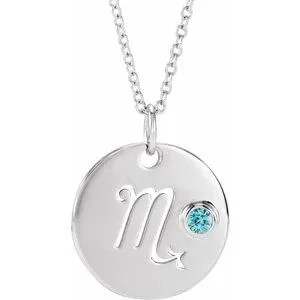 Sterling Silver Natural Blue Zircon Scorpio Zodiac 16-18" Necklace
