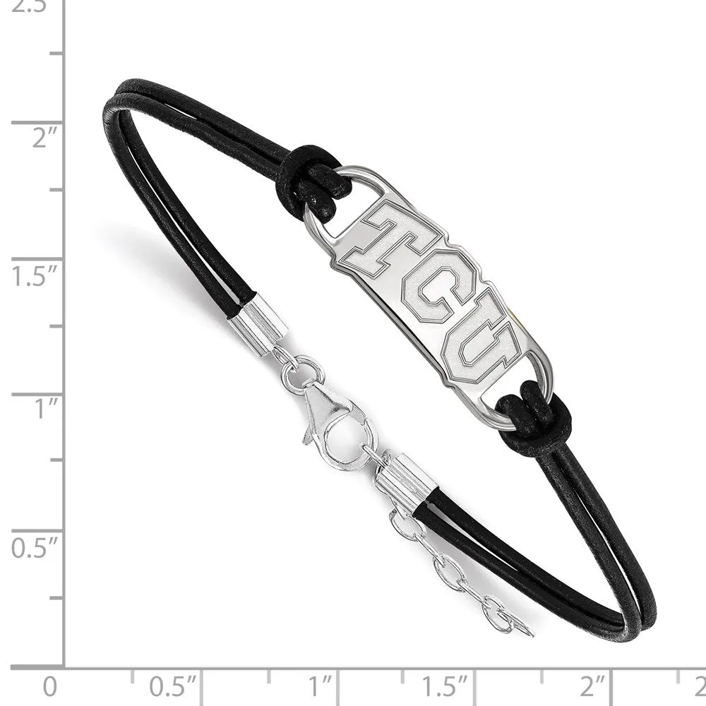 Sterling Silver Rhodium-plated Texas Christian University T-C-U Small Center Black Leather 7 inch Bracelet with Extender