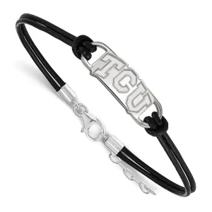 Sterling Silver Rhodium-plated Texas Christian University T-C-U Small Center Black Leather 7 inch Bracelet with Extender