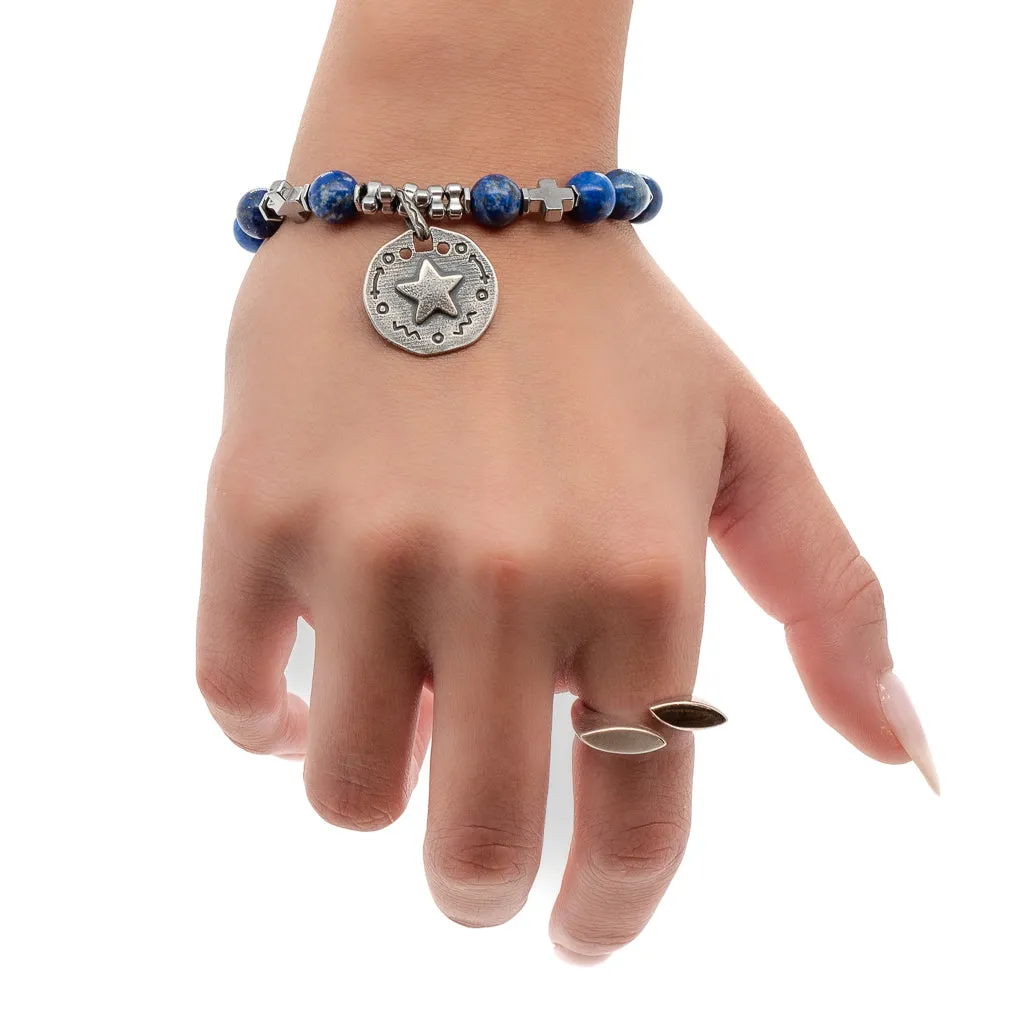 Sterling Silver Star Charms Lapis Lazuli Stone Dream Bracelet