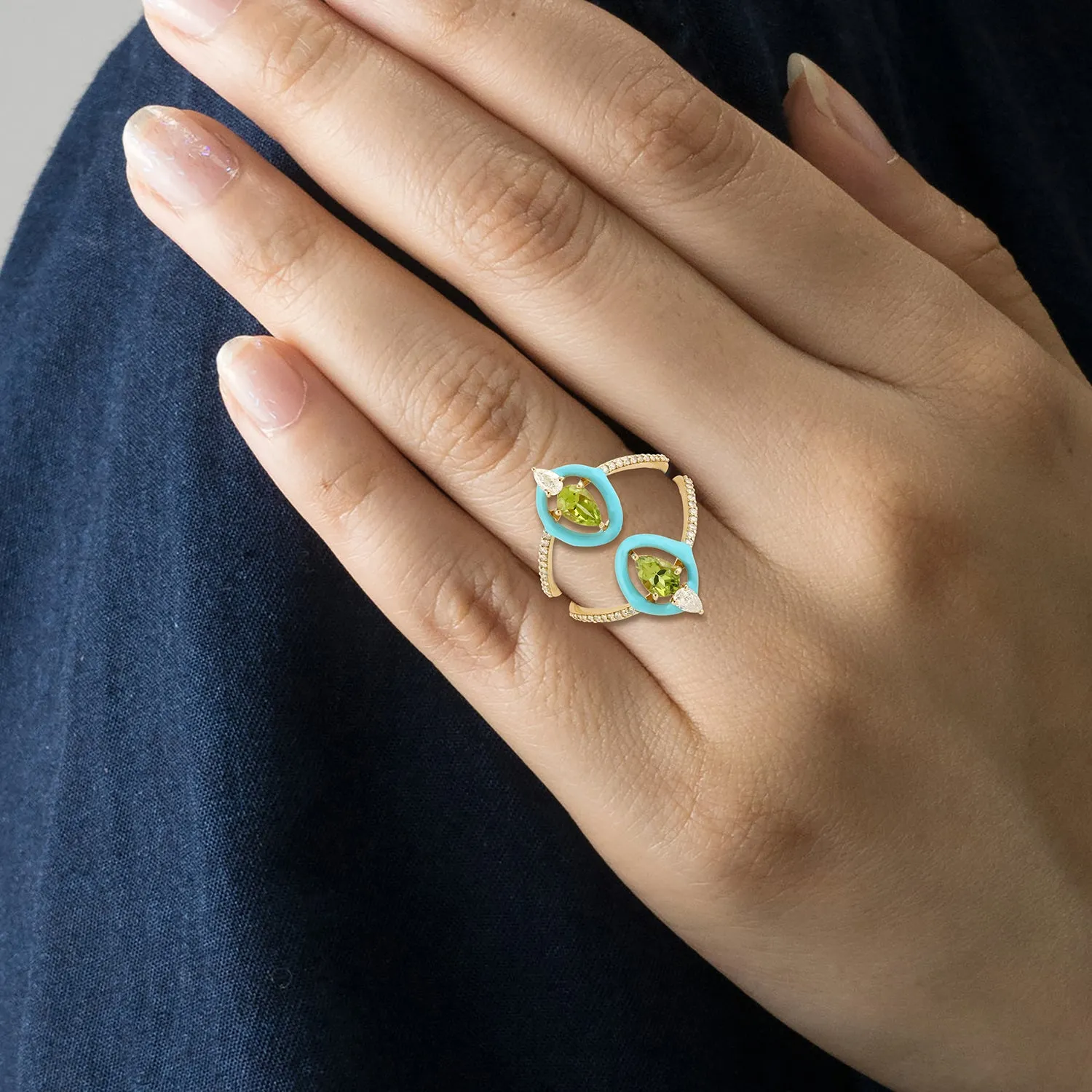 Studded Natural Diamond & Peridot Gemstone Designer Enamel Ring In 14k Yellow Gold