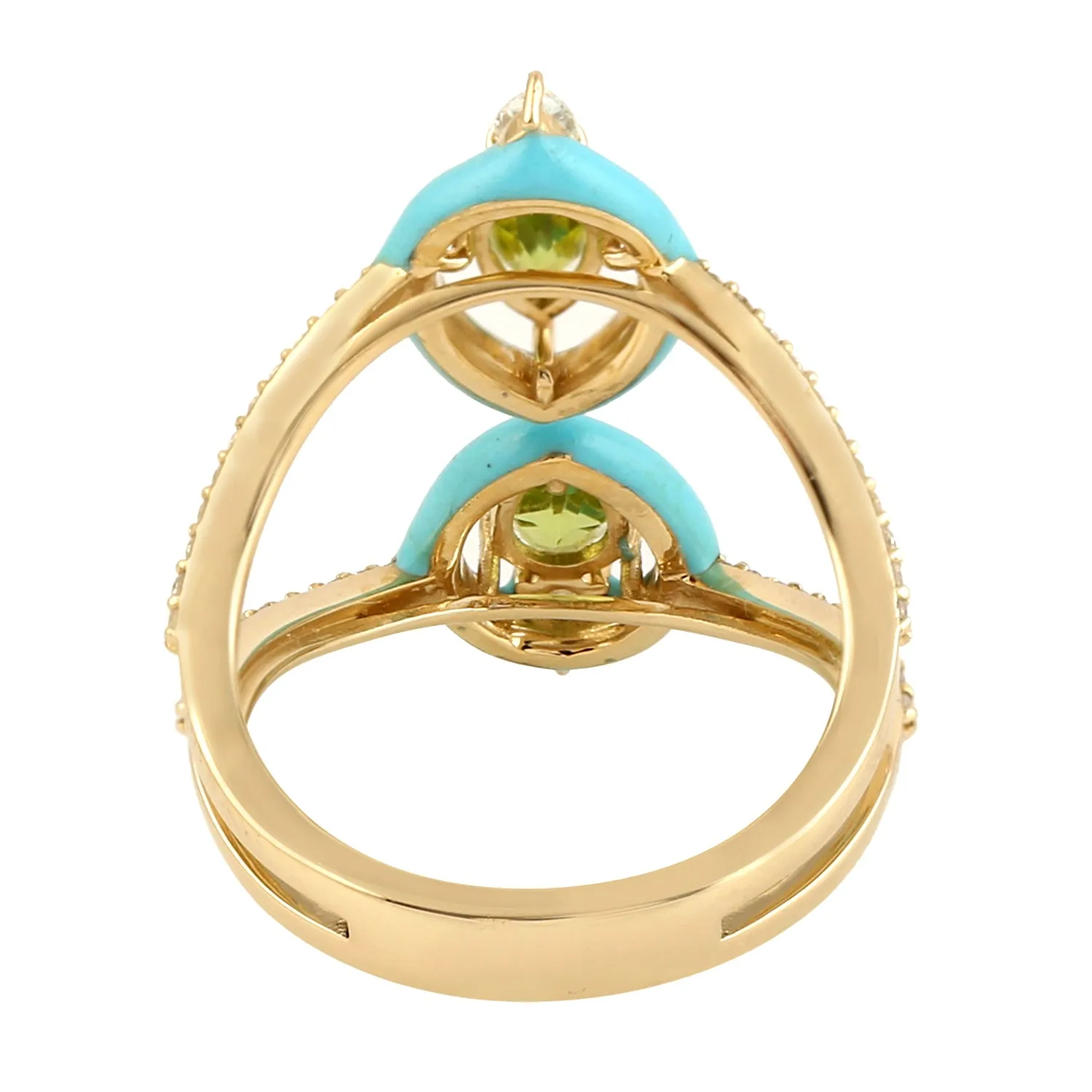 Studded Natural Diamond & Peridot Gemstone Designer Enamel Ring In 14k Yellow Gold