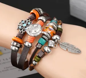 Sun Moon Layered Leather Bracelet