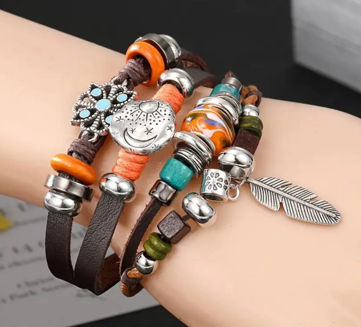 Sun Moon Layered Leather Bracelet