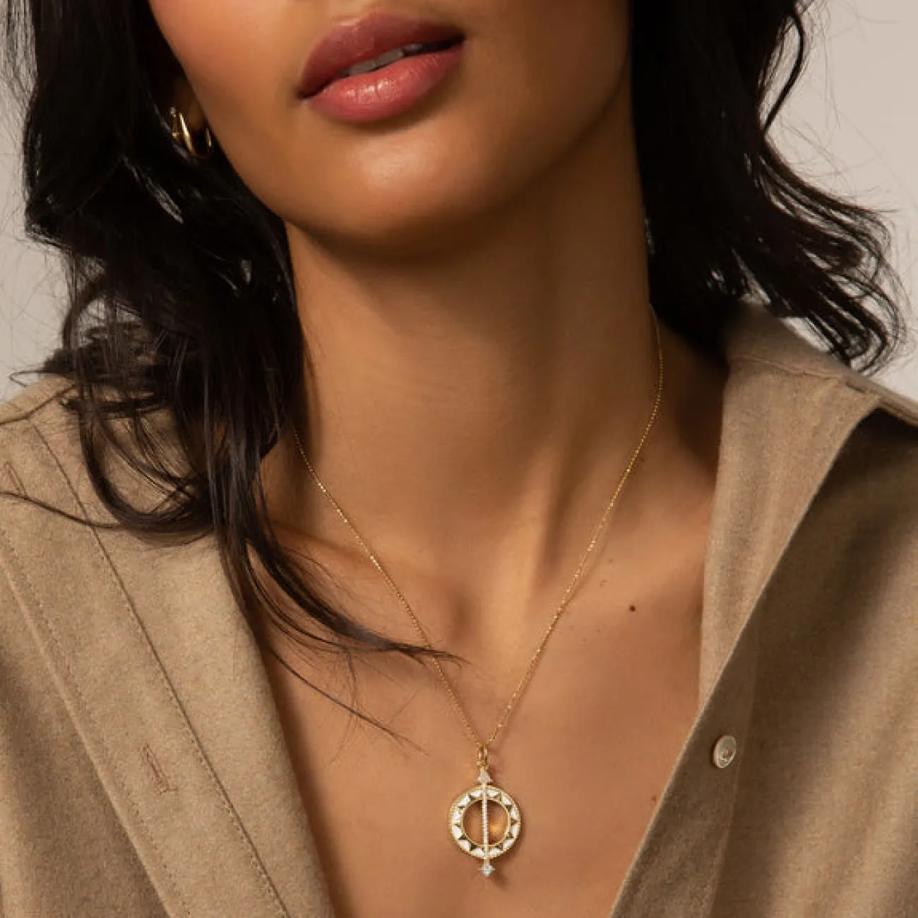 Sundial 18K Yellow Gold White Enamel & Diamond Large Necklace