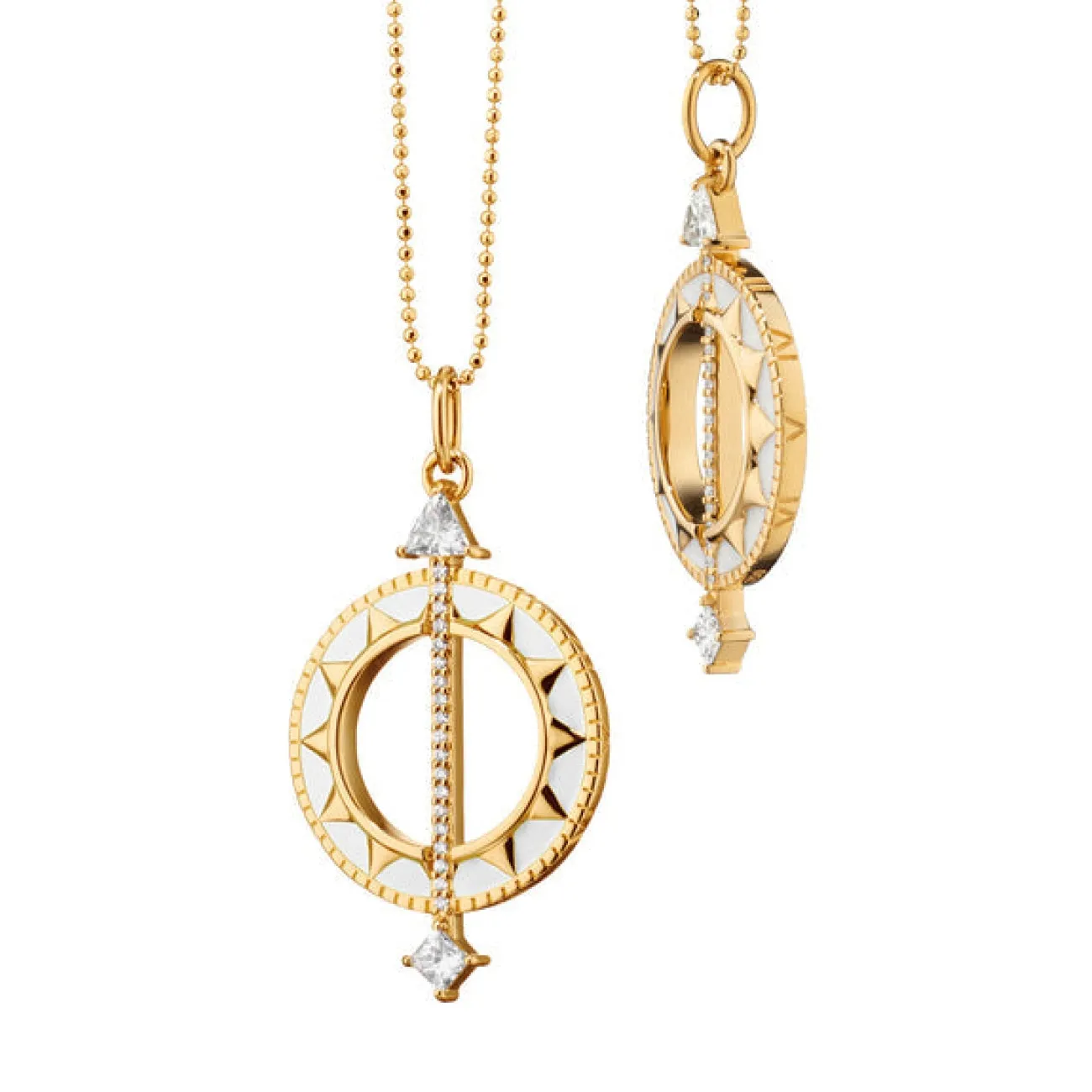 Sundial 18K Yellow Gold White Enamel & Diamond Large Necklace