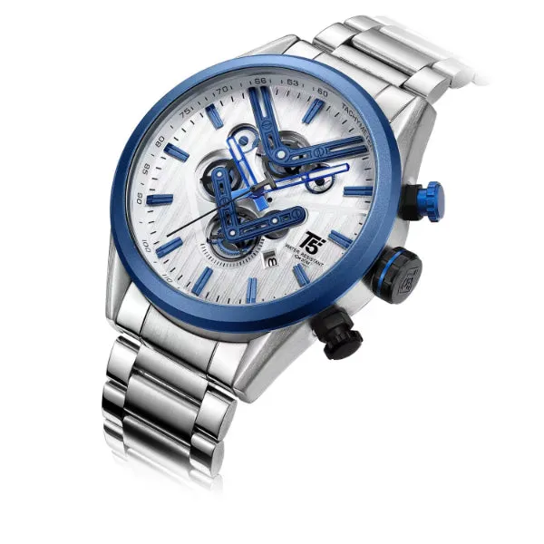 T5 Silver Stainless Steel White Dial Chronograph Quartz Watch for Gents - H3628G-A