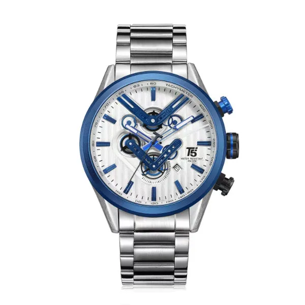 T5 Silver Stainless Steel White Dial Chronograph Quartz Watch for Gents - H3628G-A