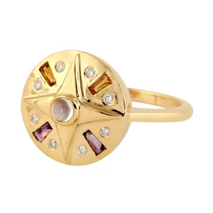 Tapered Baguette Citrine Amethyst Moonstone Gemstone Designer Ring in Yellow Gold