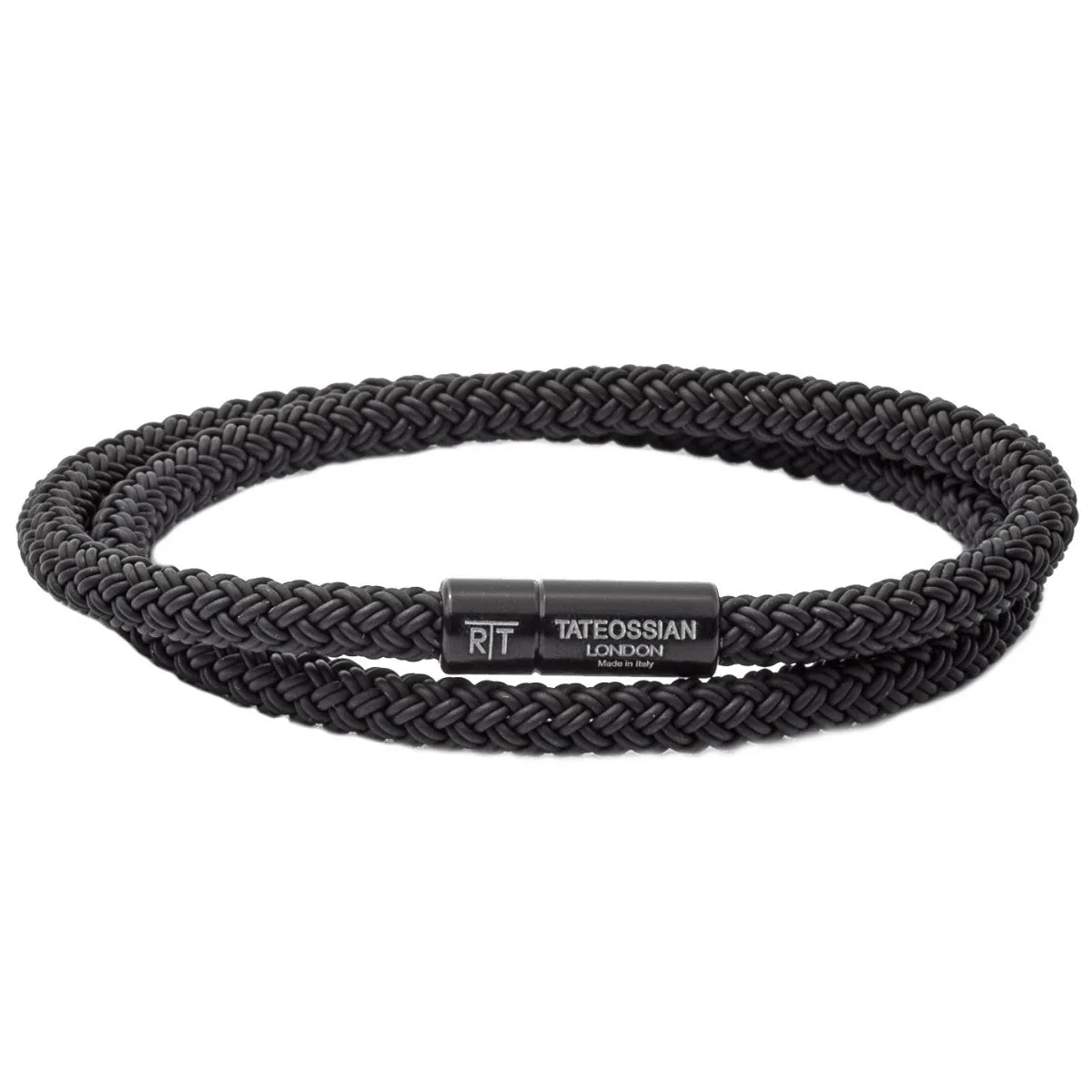Tateossian RT Braided Rubber Bracelet, Black,  Anodized Aluminum Clasp Double Wrap
