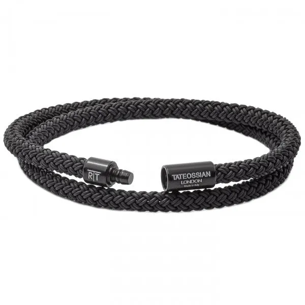 Tateossian RT Braided Rubber Bracelet, Black,  Anodized Aluminum Clasp Double Wrap