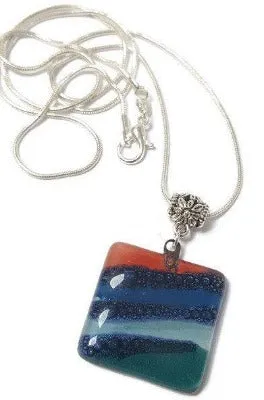 Teal, Blue and Red Fused Glass square Pendant. Recycled Glass Handmade Glass Bead. Handmade necklace