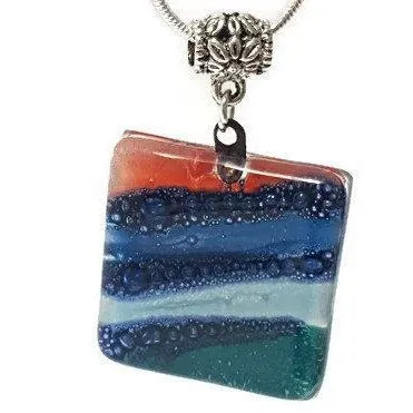 Teal, Blue and Red Fused Glass square Pendant. Recycled Glass Handmade Glass Bead. Handmade necklace