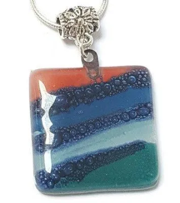 Teal, Blue and Red Fused Glass square Pendant. Recycled Glass Handmade Glass Bead. Handmade necklace