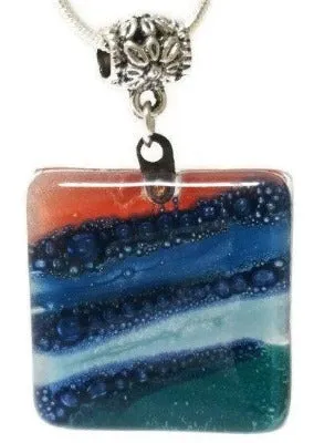 Teal, Blue and Red Fused Glass square Pendant. Recycled Glass Handmade Glass Bead. Handmade necklace