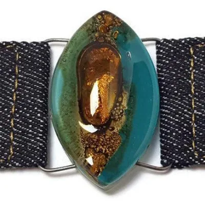 Teal Brown Fused Glass and reclaimed Denim Cuff.  Bracelet.