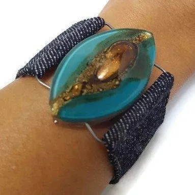 Teal Brown Fused Glass and reclaimed Denim Cuff.  Bracelet.