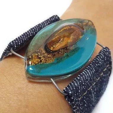 Teal Brown Fused Glass and reclaimed Denim Cuff.  Bracelet.