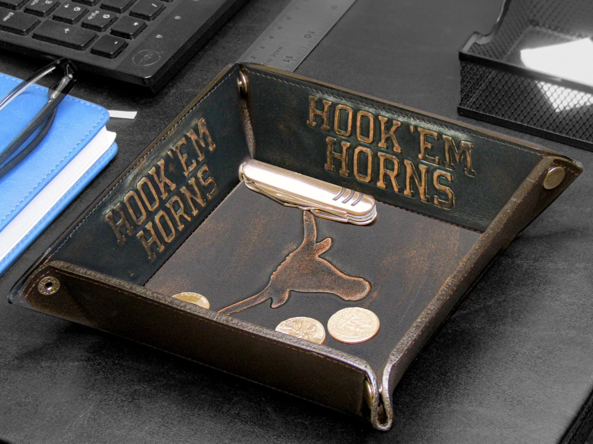 Texas Longhorns Men's Collegiate Valet Tray, Catch-all, Desk Organizer, Nightstand Tray. Brown Burnished Full Grain Leather Finish.