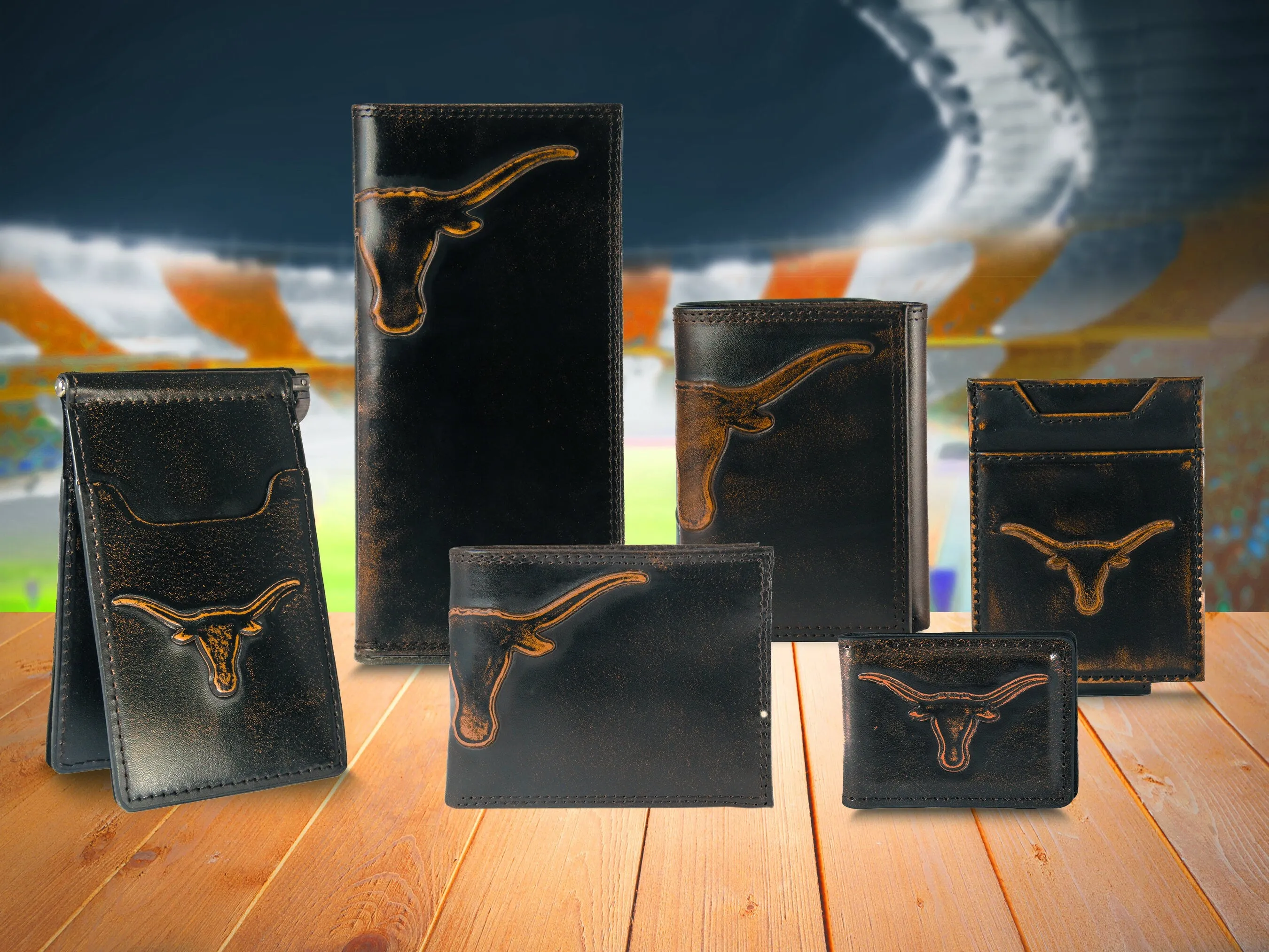 Texas Longhorns Men's Collegiate Valet Tray, Catch-all, Desk Organizer, Nightstand Tray. Brown Burnished Full Grain Leather Finish.