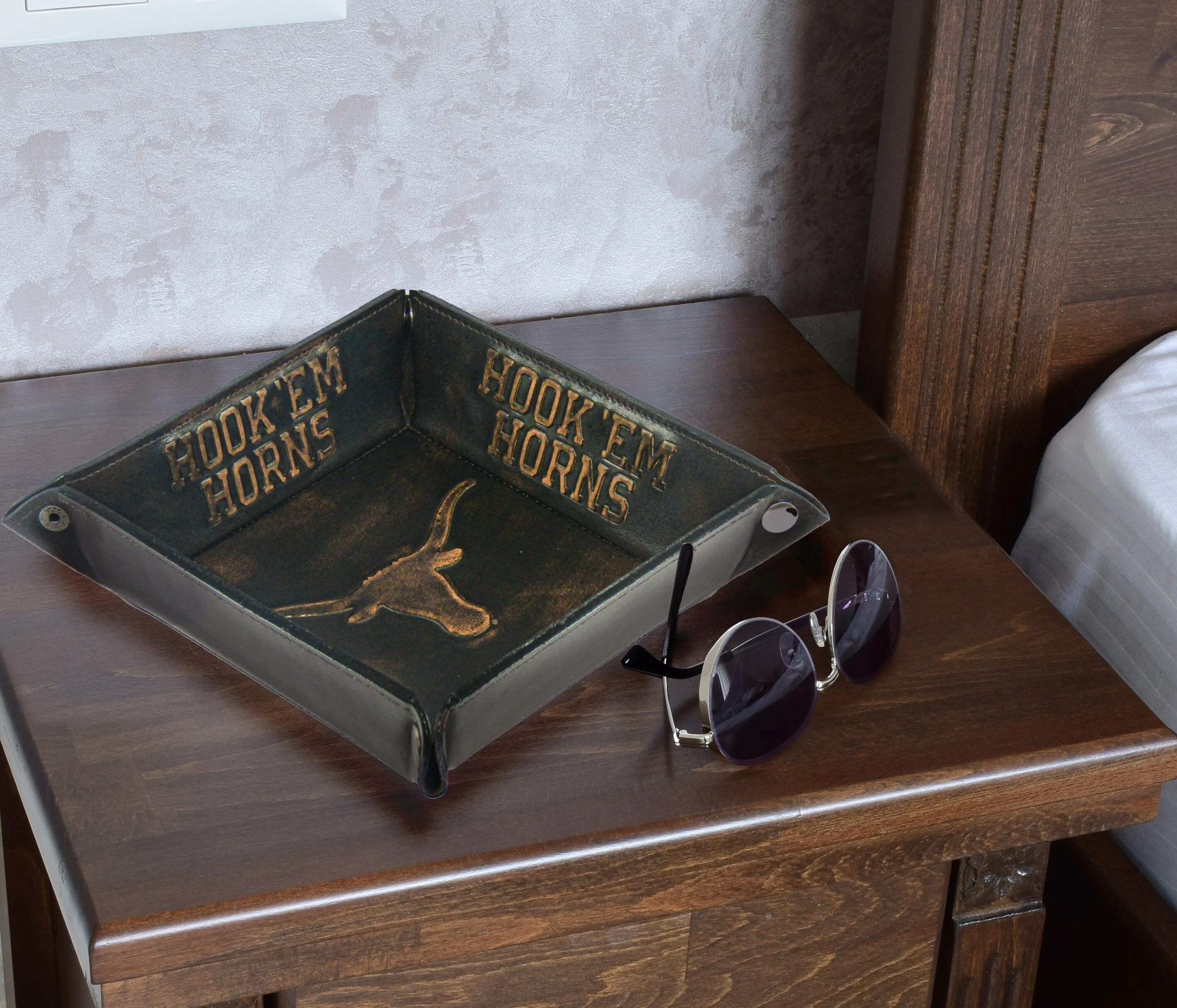Texas Longhorns Men's Collegiate Valet Tray, Catch-all, Desk Organizer, Nightstand Tray. Brown Burnished Full Grain Leather Finish.