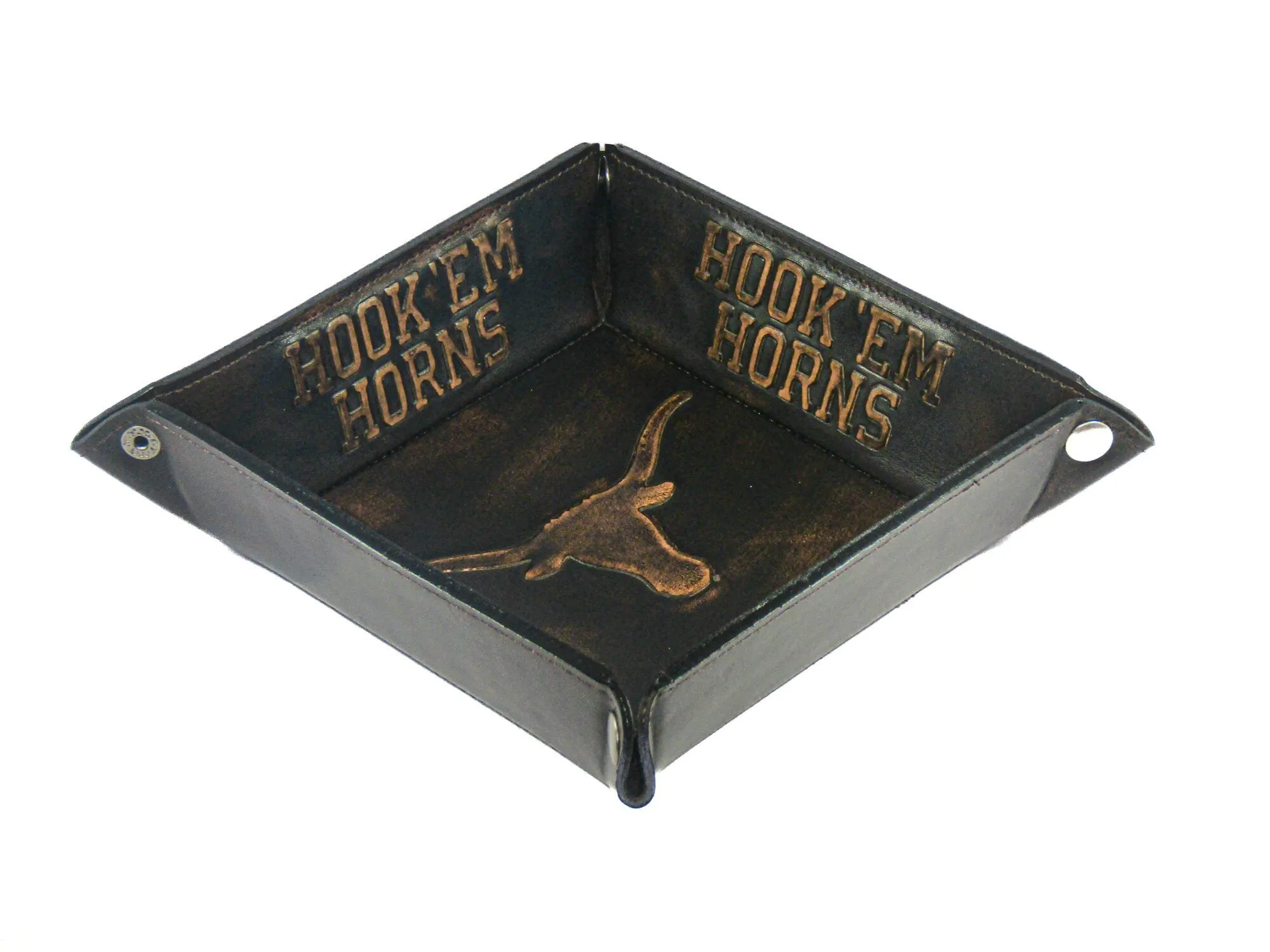 Texas Longhorns Men's Collegiate Valet Tray, Catch-all, Desk Organizer, Nightstand Tray. Brown Burnished Full Grain Leather Finish.