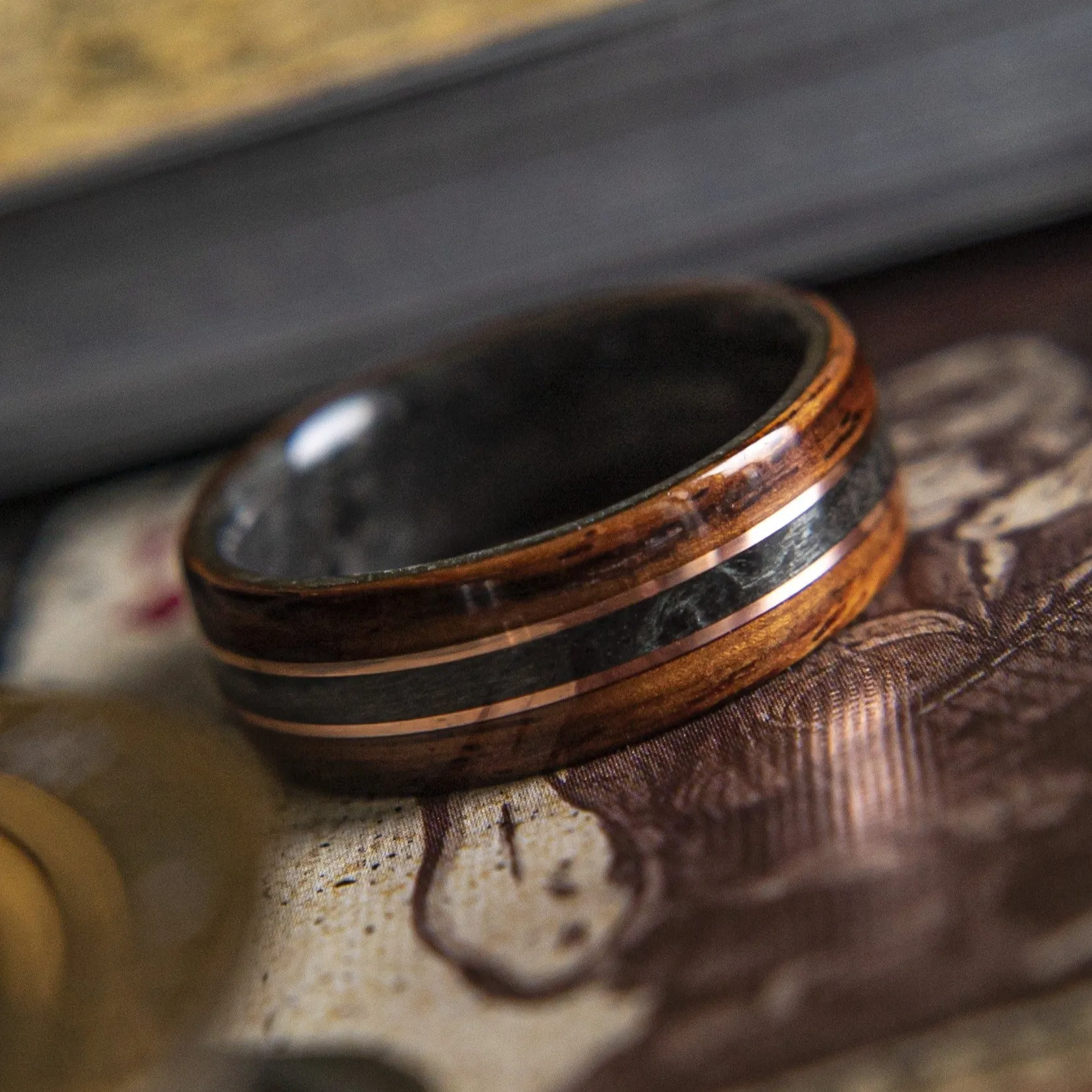 The King, Mens Wedding band  featuring Grey Maple, Rosewood with Dual Copper inlay