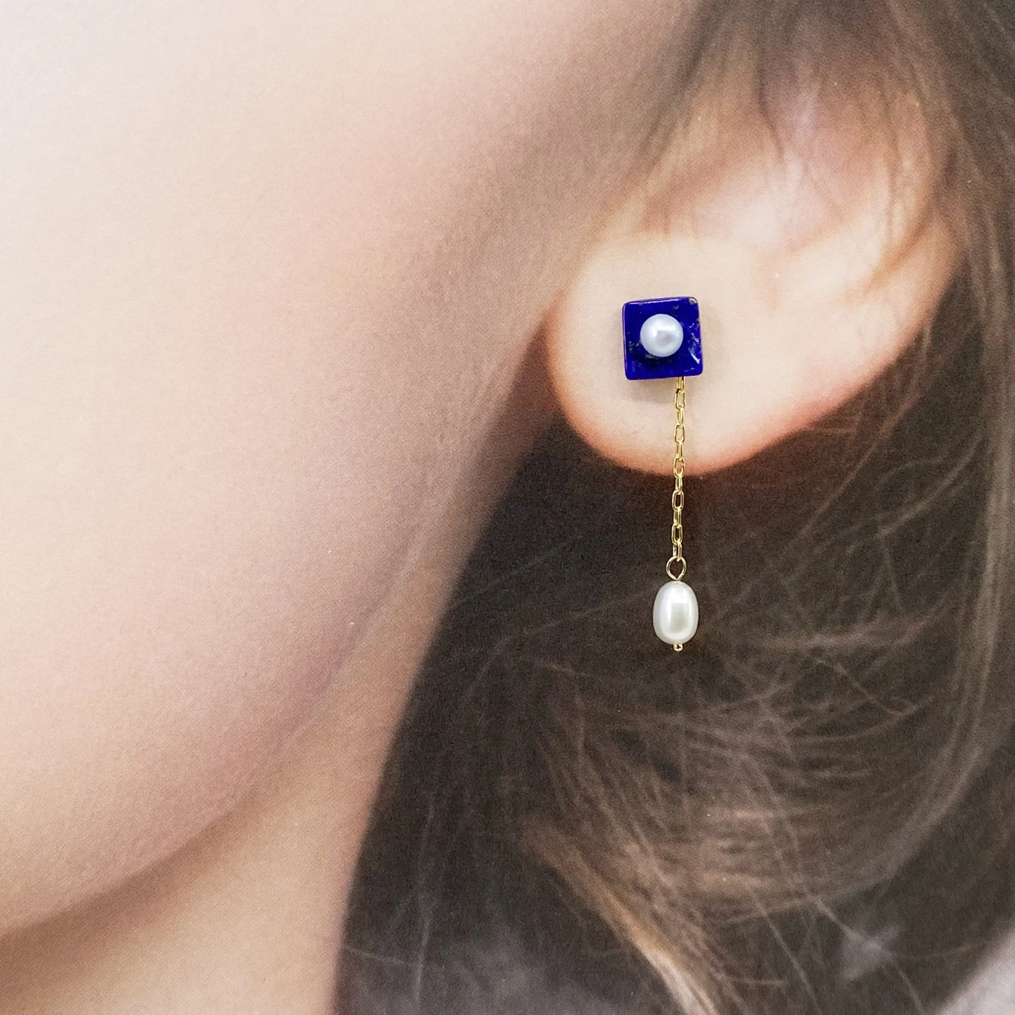 The Nine Lapis and Pearl Stud Earrings